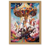 Artery8 Magical Carousel in Rainbow Clouds Bright Bold Vibrant Fantasy Kids Bedroom Baby Nursery Artwork Framed A3 Wall Art Print