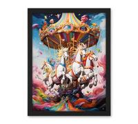 Artery8 Magical Carousel in Rainbow Clouds Bright Bold Vibrant Fantasy Kids Bedroom Baby Nursery Artwork Framed Wall Art Print 18X24 Inch