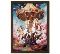 Artery8 Magical Carousel in Rainbow Clouds Bright Bold Vibrant Fantasy Kids Bedroom Baby Nursery Artwork Framed A3 Wall Art Print