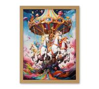 Artery8 Magical Carousel in Rainbow Clouds Bright Bold Vibrant Fantasy Kids Bedroom Baby Nursery Artwork Framed Wall Art Print 18X24 Inch