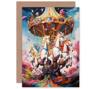 Artery8 Magical Carousel in Rainbow Clouds for Child Children Kids Birthday Thank You Congratulations Blank Art Greeting Card