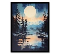 Artery8 Magical Forest Lake Sunrise in Blue and Orange Artwork Framed Wall Art Print A4