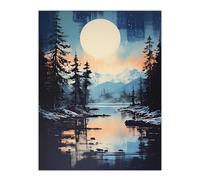 Artery8 Magical Forest Lake Sunrise in Blue and Orange Extra Large XL Wall Art Poster Print