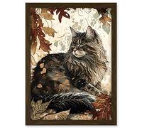 Artery8 Maine Coon Cat in Autumn Leaves Modern Watercolour Ink Illustration Artwork Framed A3 Wall Art Print