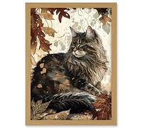 Artery8 Maine Coon Cat in Autumn Leaves Modern Watercolour Ink Illustration Artwork Framed A3 Wall Art Print