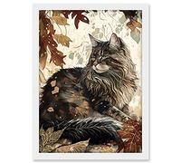 Artery8 Maine Coon Cat in Autumn Leaves Modern Watercolour Ink Illustration Artwork Framed A3 Wall Art Print
