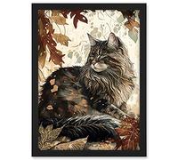 Artery8 Maine Coon Cat in Autumn Leaves Modern Watercolour Ink Illustration Artwork Framed A3 Wall Art Print