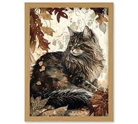 Artery8 Maine Coon Cat in Autumn Leaves Modern Watercolour Ink Illustration Artwork Framed Wall Art Print A4