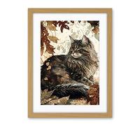 Artery8 Maine Coon Cat in Autumn Leaves Modern Watercolour Ink Illustration Artwork Framed Wall Art Print 18X24 Inch