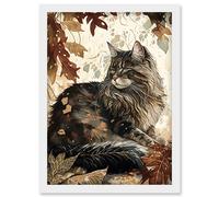 Artery8 Maine Coon Cat in Autumn Leaves Modern Watercolour Ink Illustration Artwork Framed Wall Art Print A4