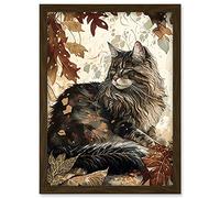 Artery8 Maine Coon Cat in Autumn Leaves Modern Watercolour Ink Illustration Artwork Framed Wall Art Print A4