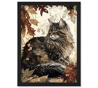 Maine Coon Cat in Autumn Leaves Modern Watercolour Ink Illustration Artwork Framed Wall Art Print A4 Artery8 Black One Size