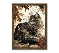 Artery8 Maine Coon Cat in Autumn Leaves Modern Watercolour Ink Illustration Artwork Framed Wall Art Print 18X24 Inch