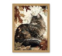 Artery8 Maine Coon Cat in Autumn Leaves Modern Watercolour Ink Illustration Artwork Framed Wall Art Print 18X24 Inch