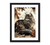 Artery8 Maine Coon Cat in Autumn Leaves Modern Watercolour Ink Illustration Artwork Framed Wall Art Print 18X24 Inch