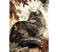 Artery8 Maine Coon Cat in Autumn Leaves Modern Watercolour Ink Illustration Extra Large XL Wall Art Poster Print