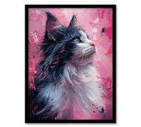 Artery8 Maine Coon Cat in Hot Pink Painting Animal Lover For Living Room Artwork Framed Wall Art Print A4
