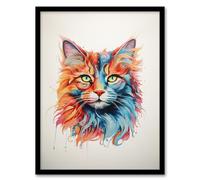 Artery8 Maine Coon Cat Lover Gift Pet Portrait Orange Blue Pink Artwork Painting Artwork Framed Wall Art Print 18X24 Inch