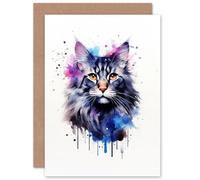 Artery8 Maine Coon Cat Lovers Gift Watercolour Pet Portrait Painting Artwork Sealed Greeting Card Plus Envelope Blank inside