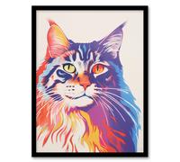 Artery8 Maine Coon Cat Risograph Bright Orange Purple Blue Screenprint Artwork Riso Interior Design Artwork Framed Wall Art Print A4