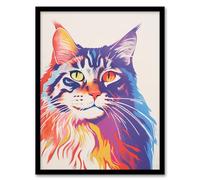 Maine Coon Cat Risograph Bright Orange Purple Blue Screenprint Artwork Riso Interior Design Art Print Framed Poster Wall Decor Artery8 Black A4