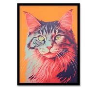 Artery8 Maine Coon Cat Screen Print Risograph Artwork Spot Block Colour Duotone Retro Riso Interior Design Artwork Framed Wall Art Print 18X24 Inch