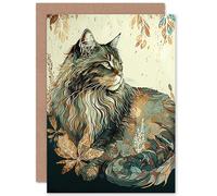 Artery8 Maine Coon Cat with Flower Pattern Modern Watercolour Illustration Art Birthday Sealed Greeting Card Plus Envelope Blank inside