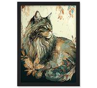 Artery8 Maine Coon Cat with Flower Pattern Modern Watercolour Illustration Artwork Framed A3 Wall Art Print