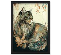 Artery8 Maine Coon Cat with Flower Pattern Modern Watercolour Illustration Artwork Framed Wall Art Print A4