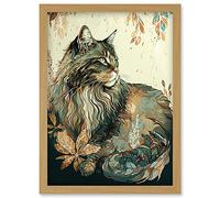 Artery8 Maine Coon Cat with Flower Pattern Modern Watercolour Illustration Artwork Framed Wall Art Print A4