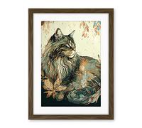 Artery8 Maine Coon Cat with Flower Pattern Modern Watercolour Illustration Artwork Framed Wall Art Print 18X24 Inch