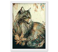 Maine Coon Cat with Flower Pattern Modern Watercolour Illustration Artwork Framed Wall Art Print A4 Artery8 White One Size
