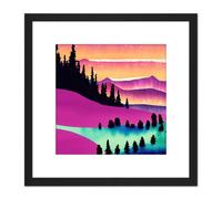 Artery8 Majestic Magenta Mountains Sunset Forest Winter Lake Watercolour Square Wooden Framed Wall Art Print Picture 8X8 Inch in Black Artery8 Black