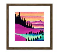 Artery8 Majestic Magenta Mountains Sunset Forest Winter Lake Watercolour Square Wooden Framed Wall Art Print Picture 8X8 Inch in Brown Artery8 Brown