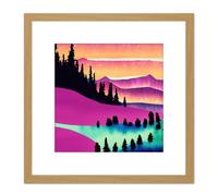 Artery8 Majestic Magenta Mountains Sunset Forest Winter Lake Watercolour Square Wooden Framed Wall Art Print Picture 8X8 Inch in Light Oak Artery8 Light Oak