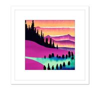 Artery8 Majestic Magenta Mountains Sunset Forest Winter Lake Watercolour Square Wooden Framed Wall Art Print Picture 8X8 Inch in White Artery8 White