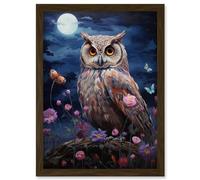 Artery8 Majestic Owl Portrait Oil Painting Great Horned Purple Pink Blue Full Moon in Spring Meadow with Wildflowers Artwork Framed A3 Wall Art Print