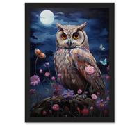 Artery8 Majestic Owl Portrait Oil Painting Great Horned Purple Pink Blue Full Moon in Spring Meadow with Wildflowers Artwork Framed Wall Art Print A4