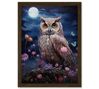 Artery8 Majestic Owl Portrait Oil Painting Great Horned Purple Pink Blue Full Moon in Spring Meadow with Wildflowers Artwork Framed Wall Art Print A4