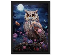 Artery8 Majestic Owl Portrait Oil Painting Great Horned Purple Pink Blue Full Moon in Spring Meadow with Wildflowers Artwork Framed A3 Wall Art Print