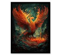 Wall Art Print Majestic Phoenix Bird Concept Painting Blue Orange Red Mythical Creature Rising from the Ashes Spreading Fire Wings Vibrant Portrait Ar Artery8 Orange A4