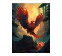 Artery8 Majestic Phoenix Bird Spreading Wings Concept Painting Mythical Creature Rising From Fire Ashes in Enchanted Forest Landscape Unframed Wall Art Print Poster Home Decor Premium