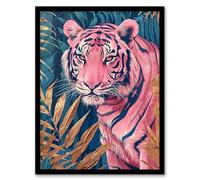Artery8 Majestic Pink Tiger in Blue Gold Tropical Jungle Living Room Artwork Framed Wall Art Print 18X24 Inch