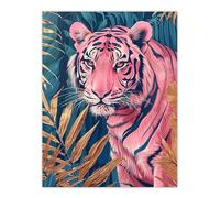 Artery8 Majestic Pink Tiger in Blue Gold Tropical Jungle Living Room Unframed Wall Art Print Poster Home Decor Premium