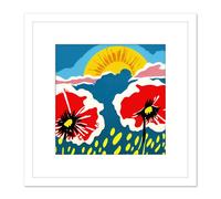 Artery8 Majestic Sunrise Over Poppy Flower Field Bold Abstract Painting Square Wooden Framed Wall Art Print Picture 8X8 Inch in White Artery8 White