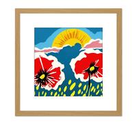 Artery8 Majestic Sunrise Over Poppy Flower Field Bold Abstract Painting Square Wooden Framed Wall Art Print Picture 8X8 Inch in Light Oak Artery8 Light Oak
