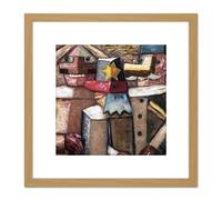 Artery8 Makowski Railwaymen Naive Cubist Painting 8X8 Inch Square Wooden Framed Wall Art Print Picture with Mount in Light Oak Artery8 Light Oak