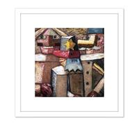 Artery8 Makowski Railwaymen Naive Cubist Painting 8X8 Inch Square Wooden Framed Wall Art Print Picture with Mount in White Artery8 White