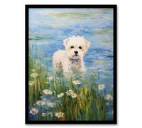 Artery8 Maltese Dog Claude Monet Style Oil Painting Portrait In Lake By Wildflowers Artwork Framed Wall Art Print A4