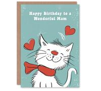Artery8 Mam Happy Birthday Card Happy White Cat In Scarf Drawing Love Hearts For Her Greeting Card